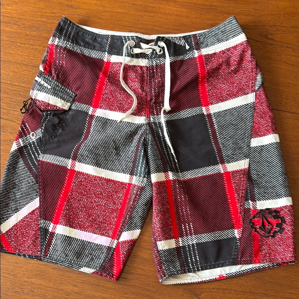 Men's Red and Black Volcom Plaid Swim Shorts